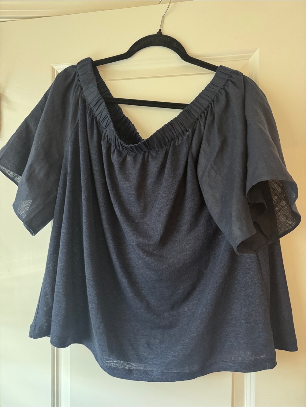 Chico's Navy Off-the-Shoulder Flutter Sleeve Top